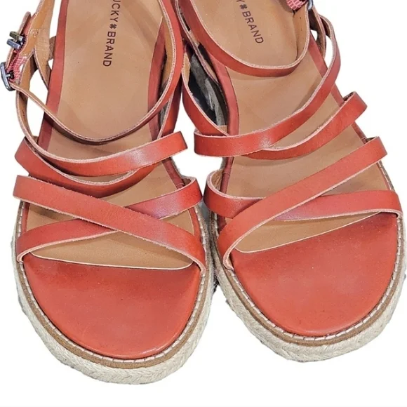 Lucky Brand Espadrille Sandals Womens Brown Leather Size 8.5 Boho Prairie Wedge - Picture 10 of 13